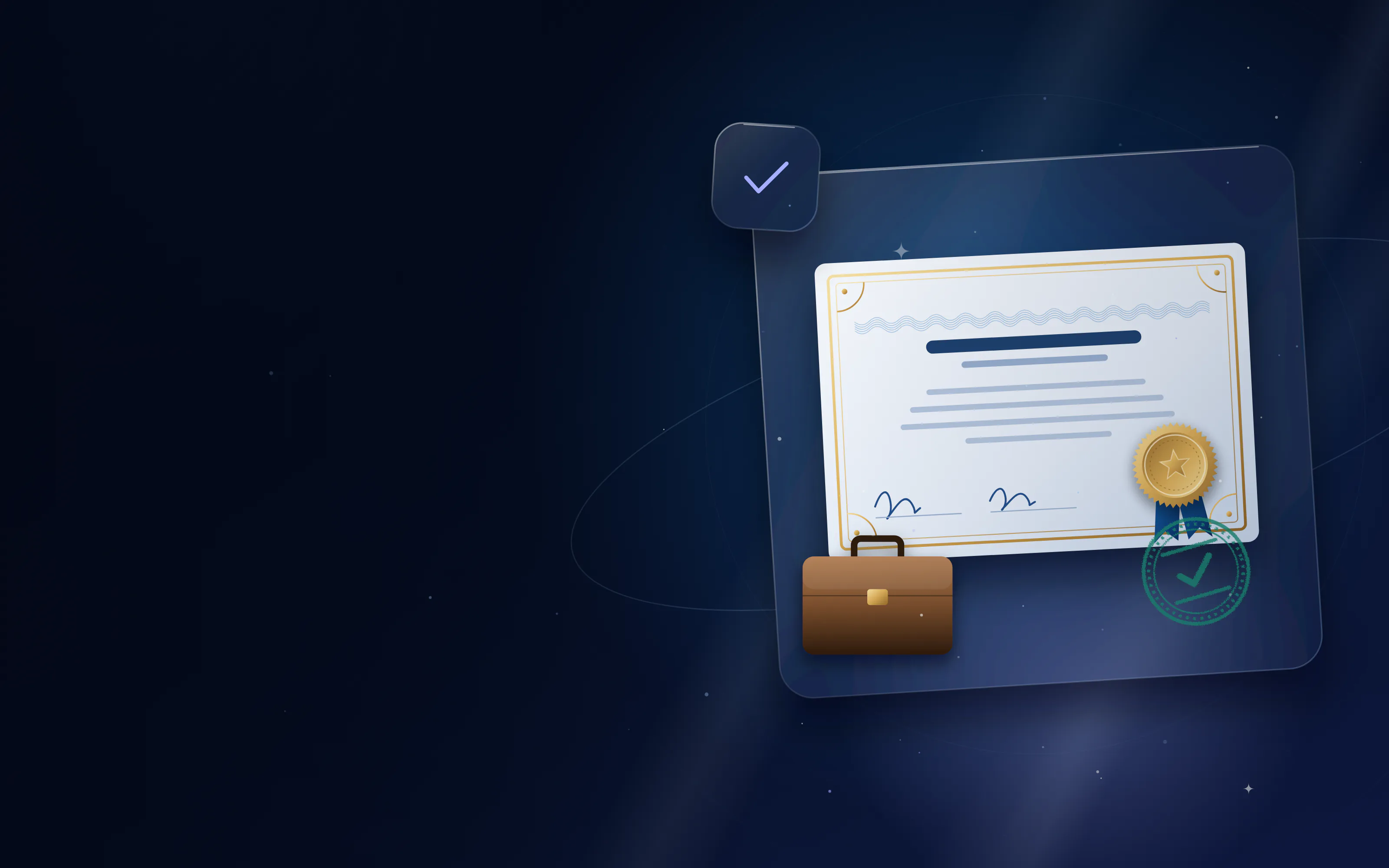Experience certificate with a gold seal, an attestation stamp and a briefcase
