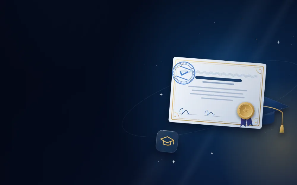 Educational certificate with a graduation cap, gold seal and attestation stamp