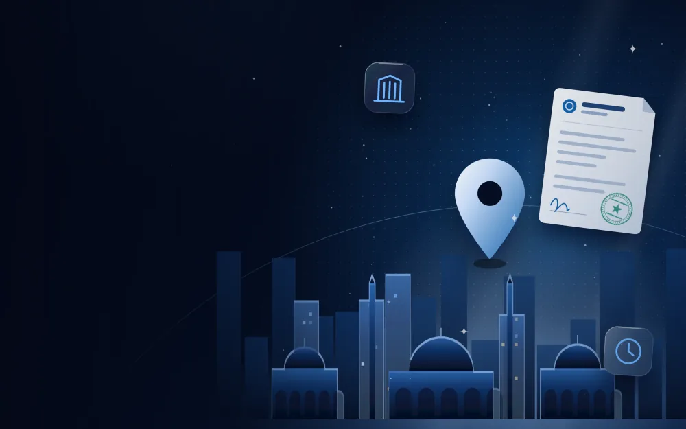 Location pin over the Sharjah skyline with a stamped document