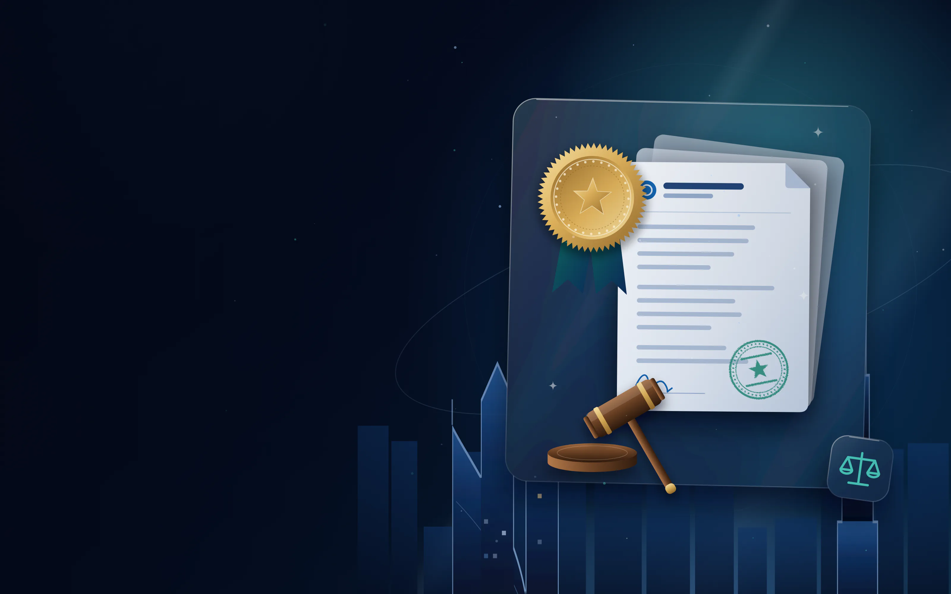 Stack of notarised documents with a large gold notary seal and gavel with the Dubai skyline