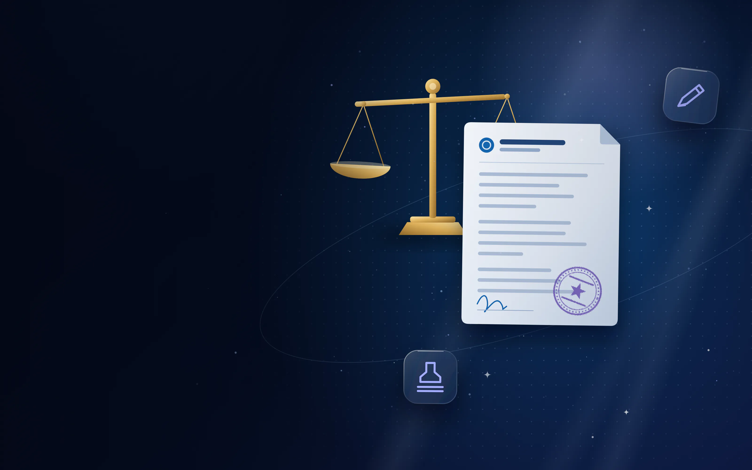 Sworn affidavit document with a notary stamp in front of the scales of justice