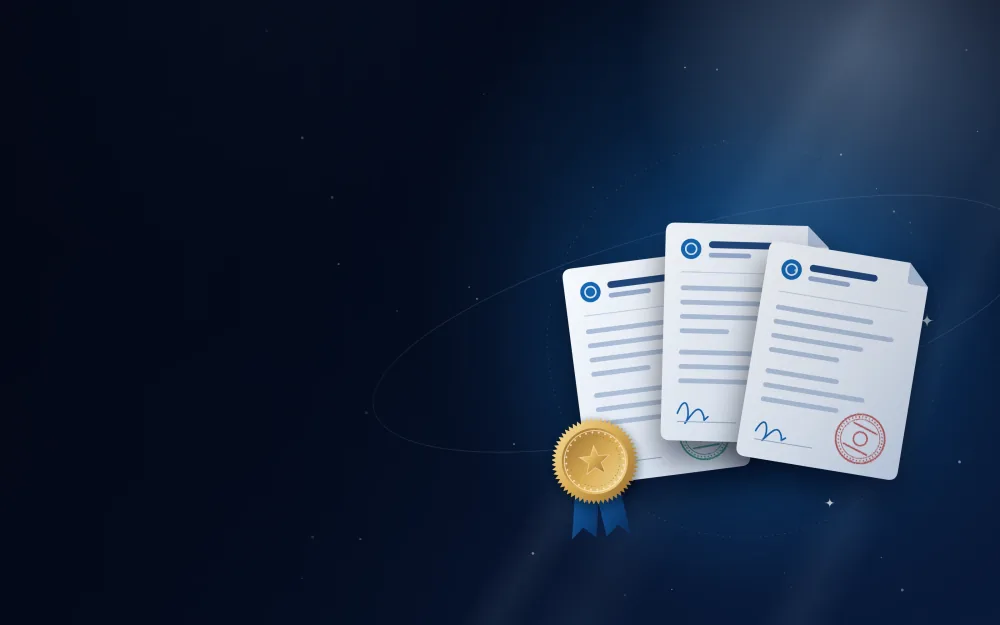 Fan of documents with different attestation stamps and a gold seal