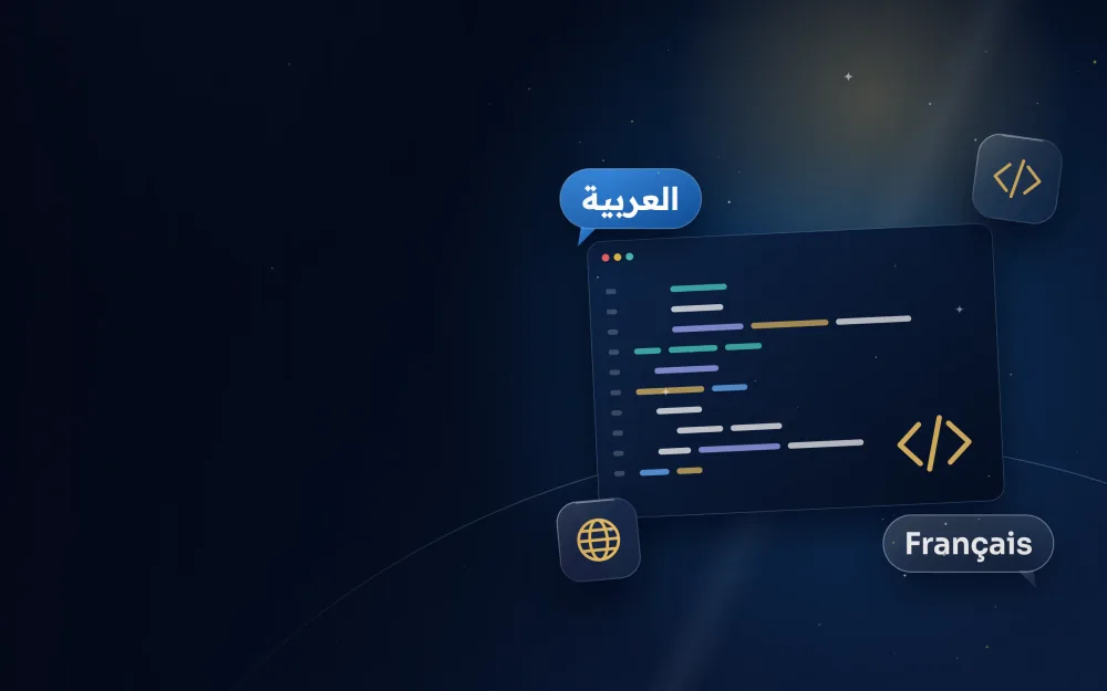 Code editor window with localisation strings and Arabic and French speech bubbles