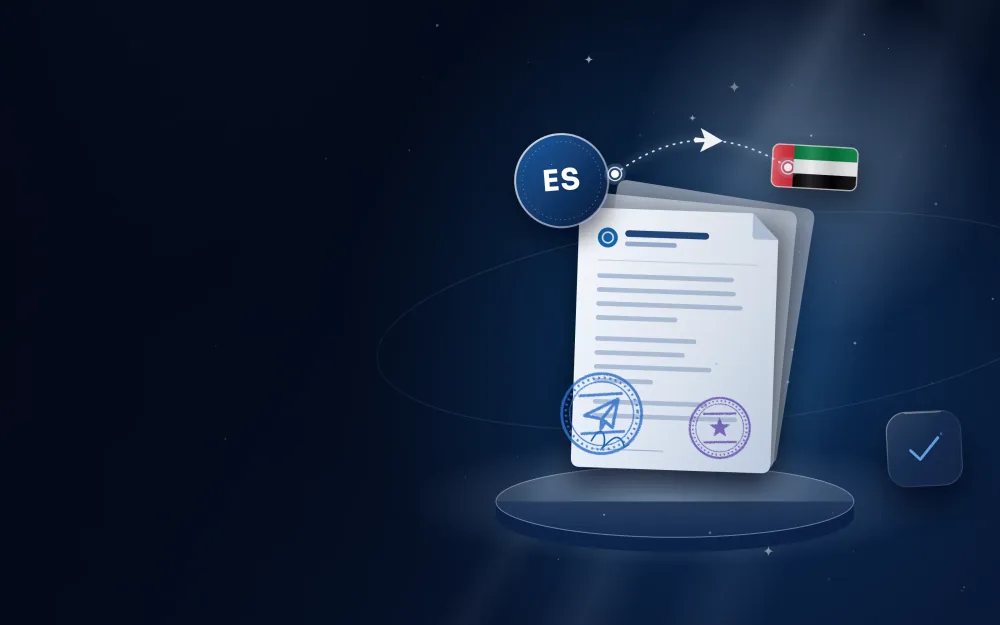 مستندات مختومة مع شارة إسبانيا وعلم الإمارات ومسار رحلة بينهما