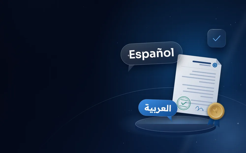 Spanish and Arabic speech bubbles next to a legal document and a gold seal