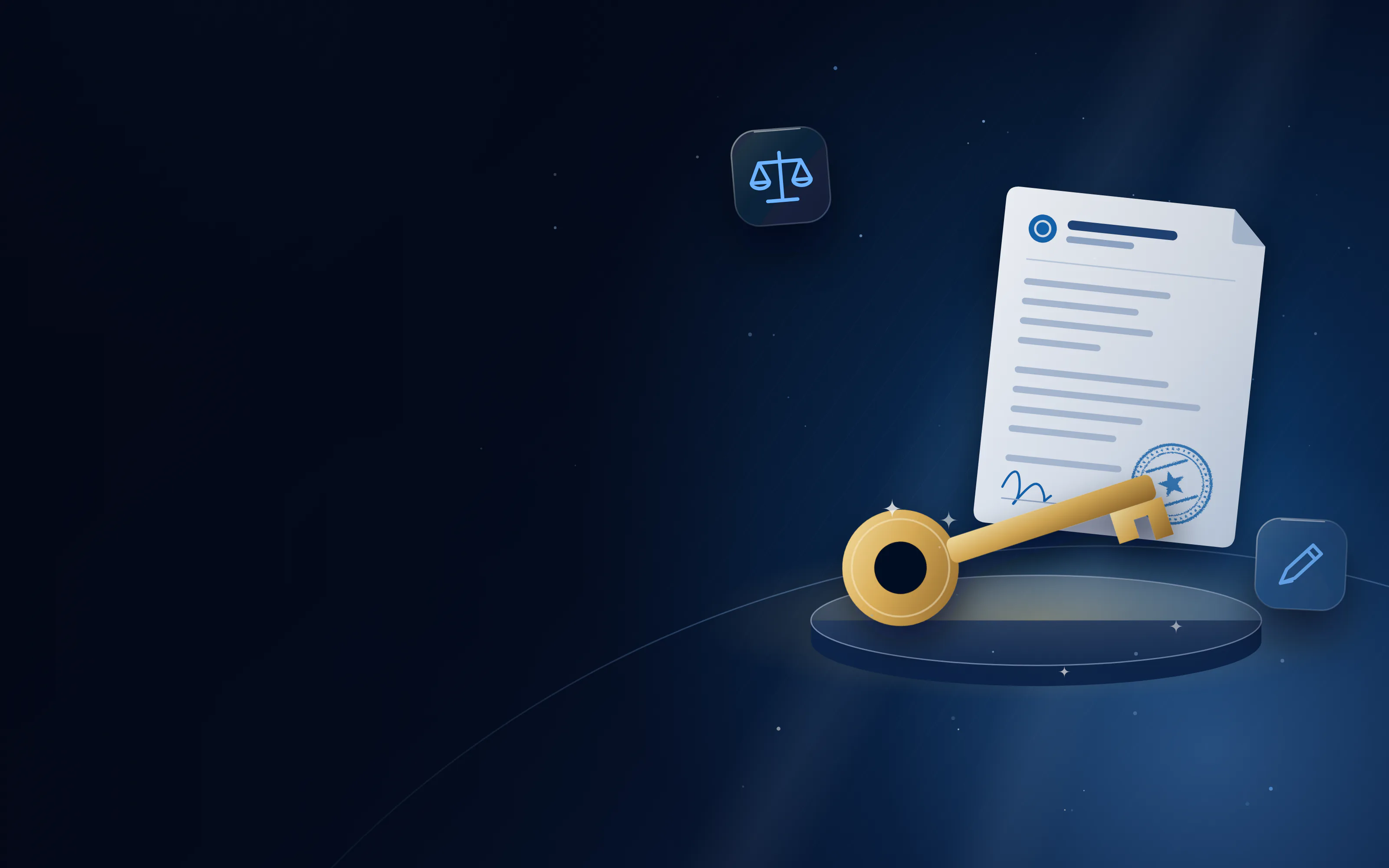 Large golden key on a display stand in front of a power of attorney document