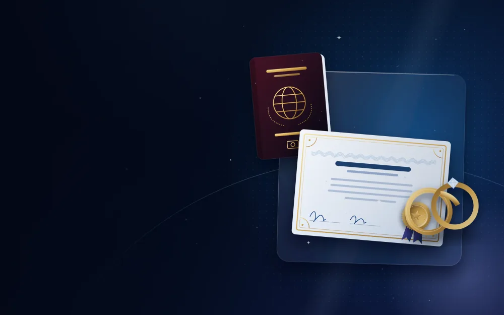 Marriage certificate with two gold wedding rings and a passport for a UAE family visa
