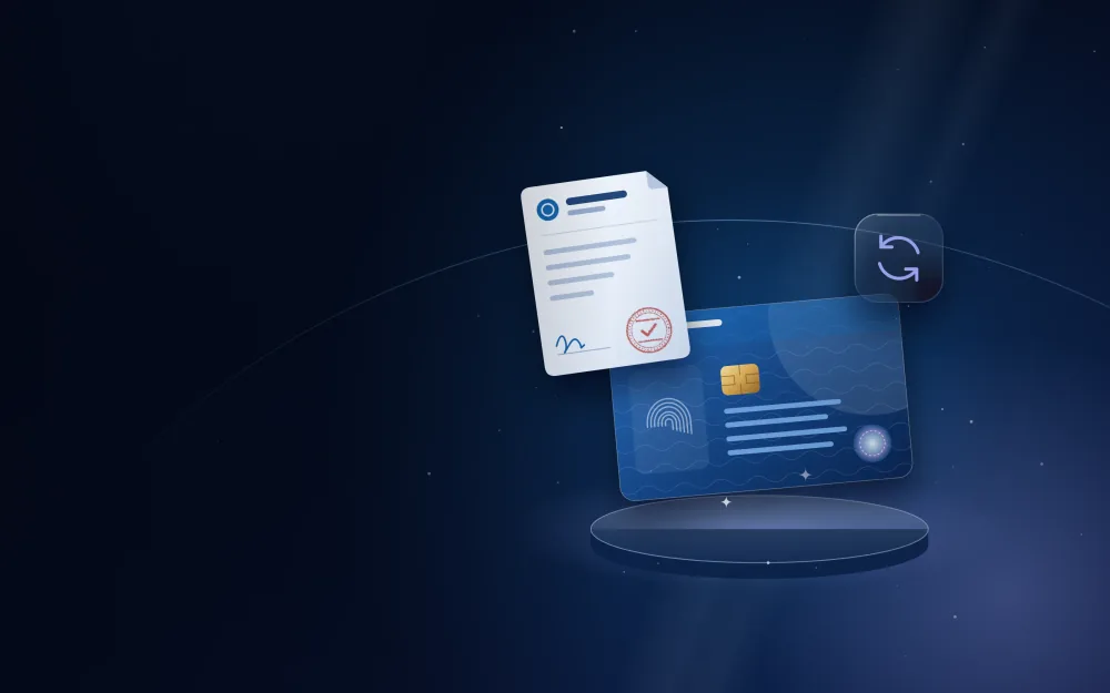 Residence card on a display stand with a renewal icon and approved form