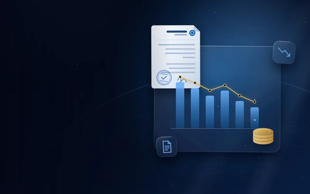Declining bar chart, gold coins and closing documents for company liquidation