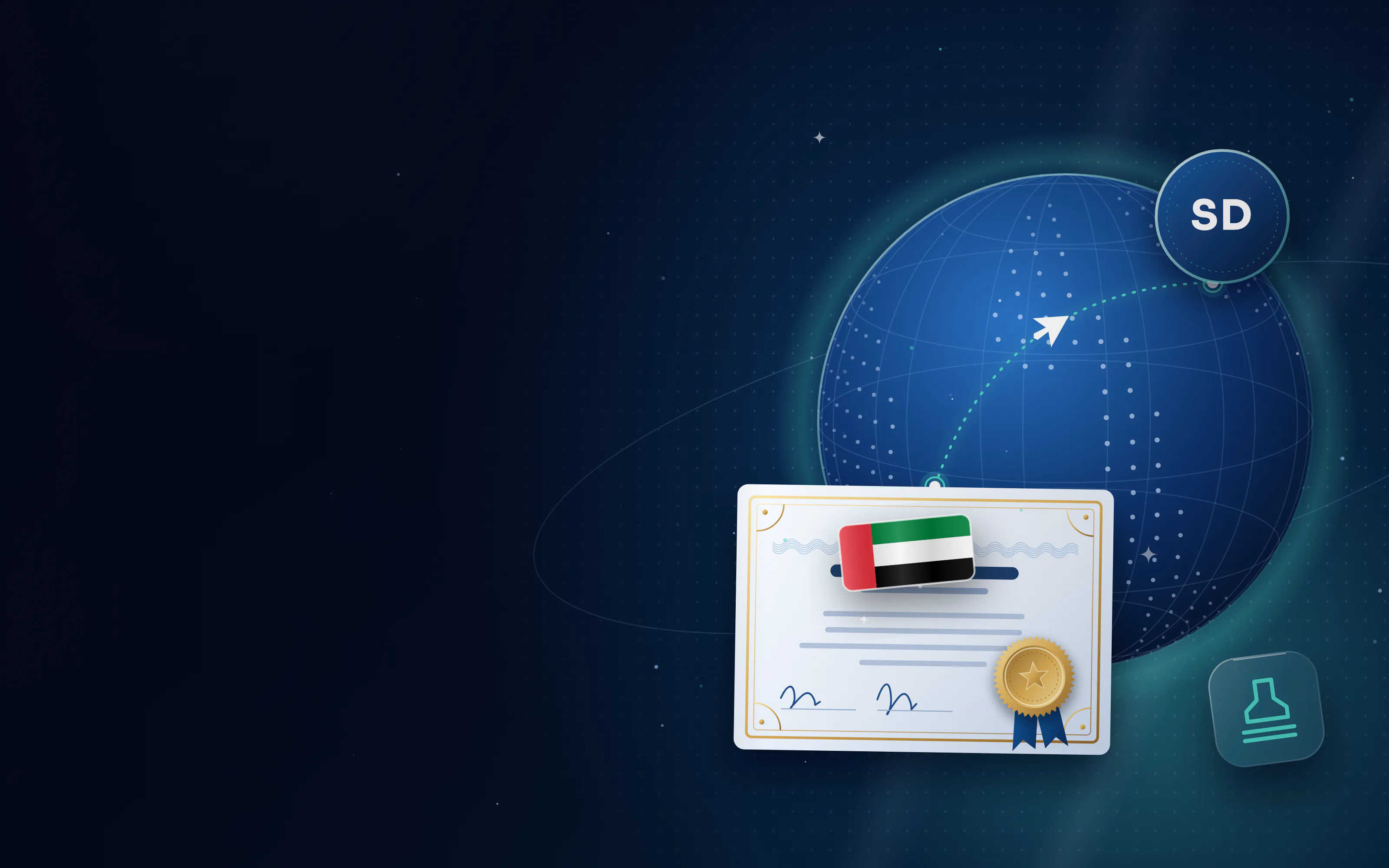 Globe with a route from Sudan to the UAE, a SD badge for Sudan and an attested certificate with a gold seal