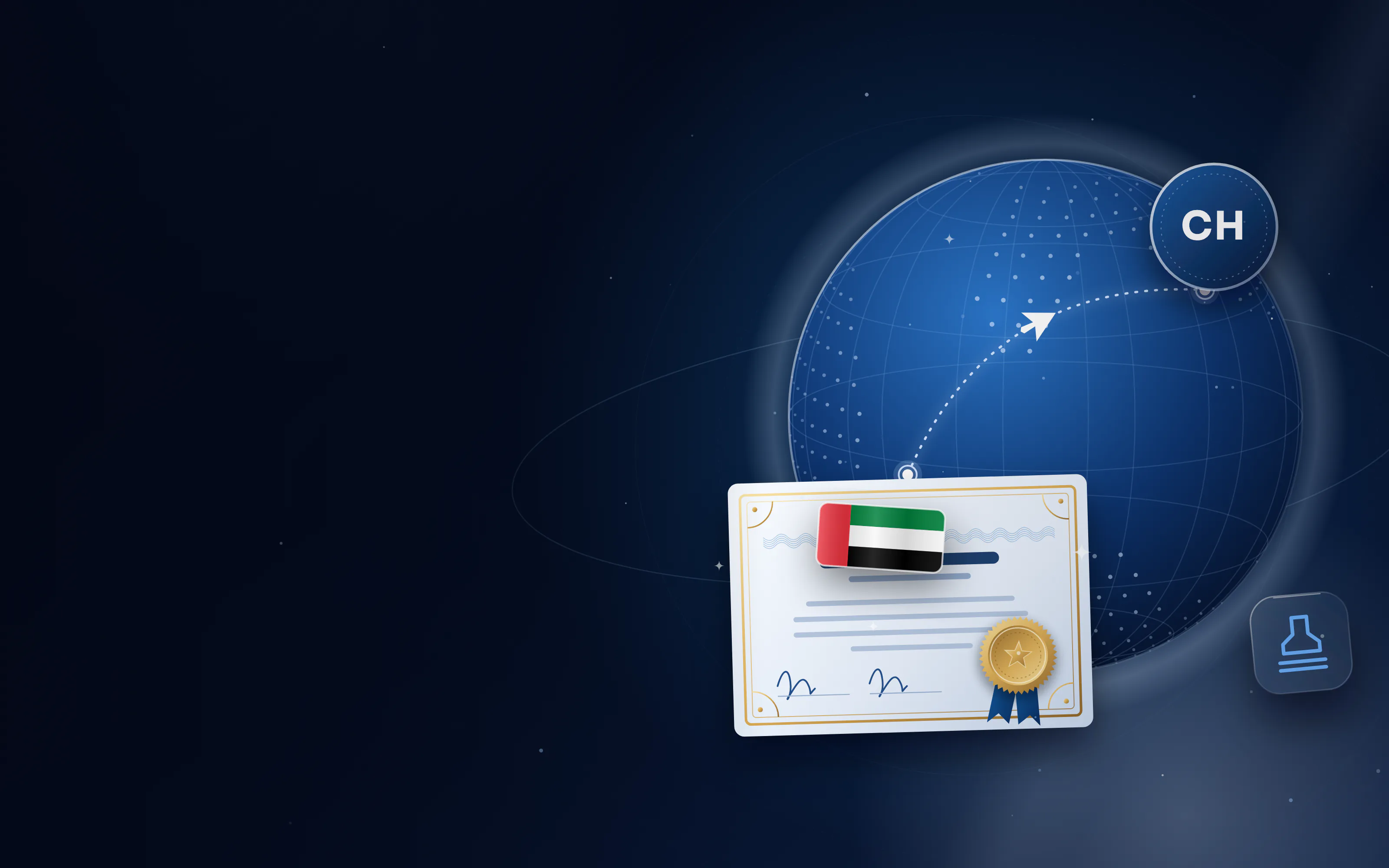 Globe with a route from Switzerland to the UAE, a CH badge for Switzerland and an attested certificate with a gold seal