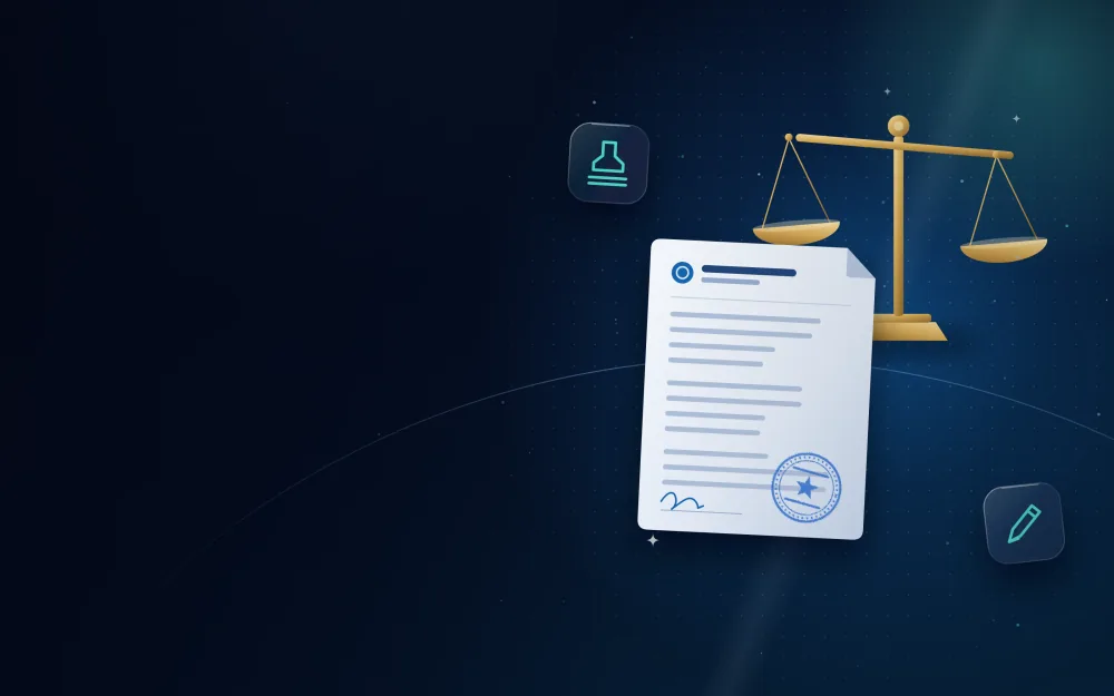 Sworn affidavit document with a notary stamp in front of the scales of justice