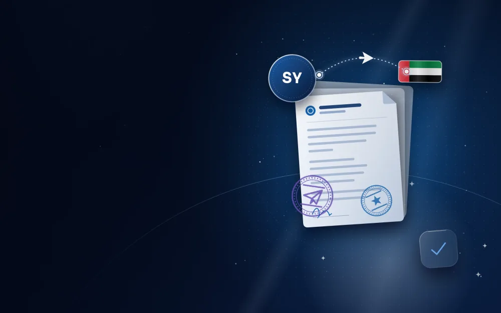 مستندات مختومة مع شارة سوريا وعلم الإمارات ومسار رحلة بينهما