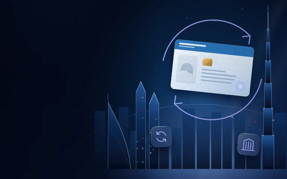 Trade licence card circled by renewal arrows in front of a city skyline