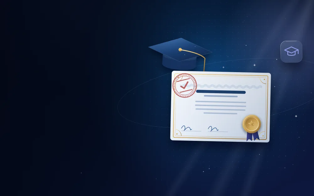 University degree certificate with a gold seal, graduation cap and attestation stamp