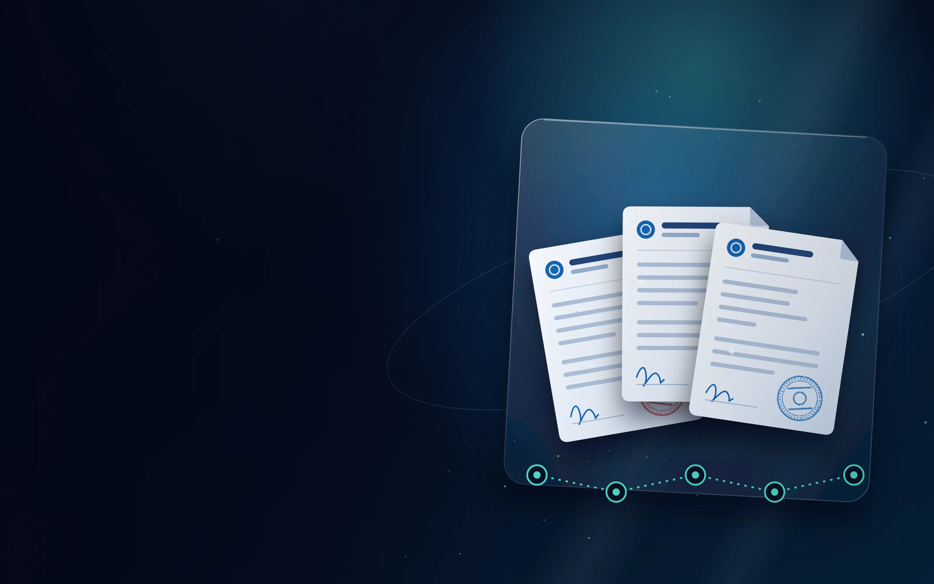 Three documents with attestation stamps linked by a step-by-step progress path
