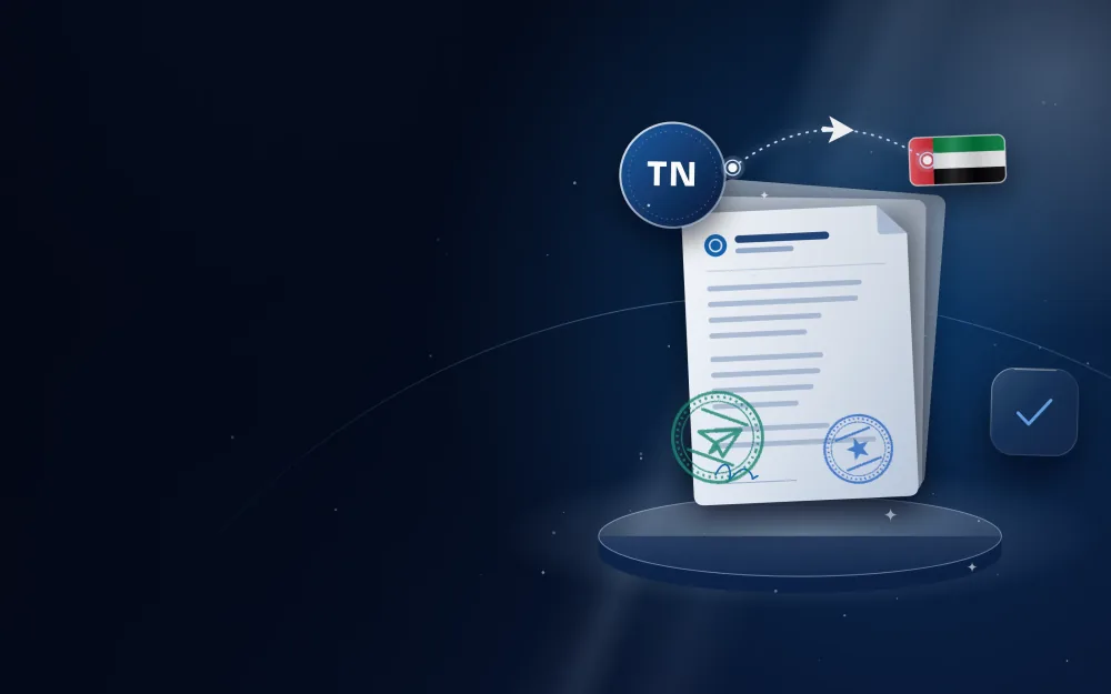 مستندات مختومة مع شارة تونس وعلم الإمارات ومسار رحلة بينهما