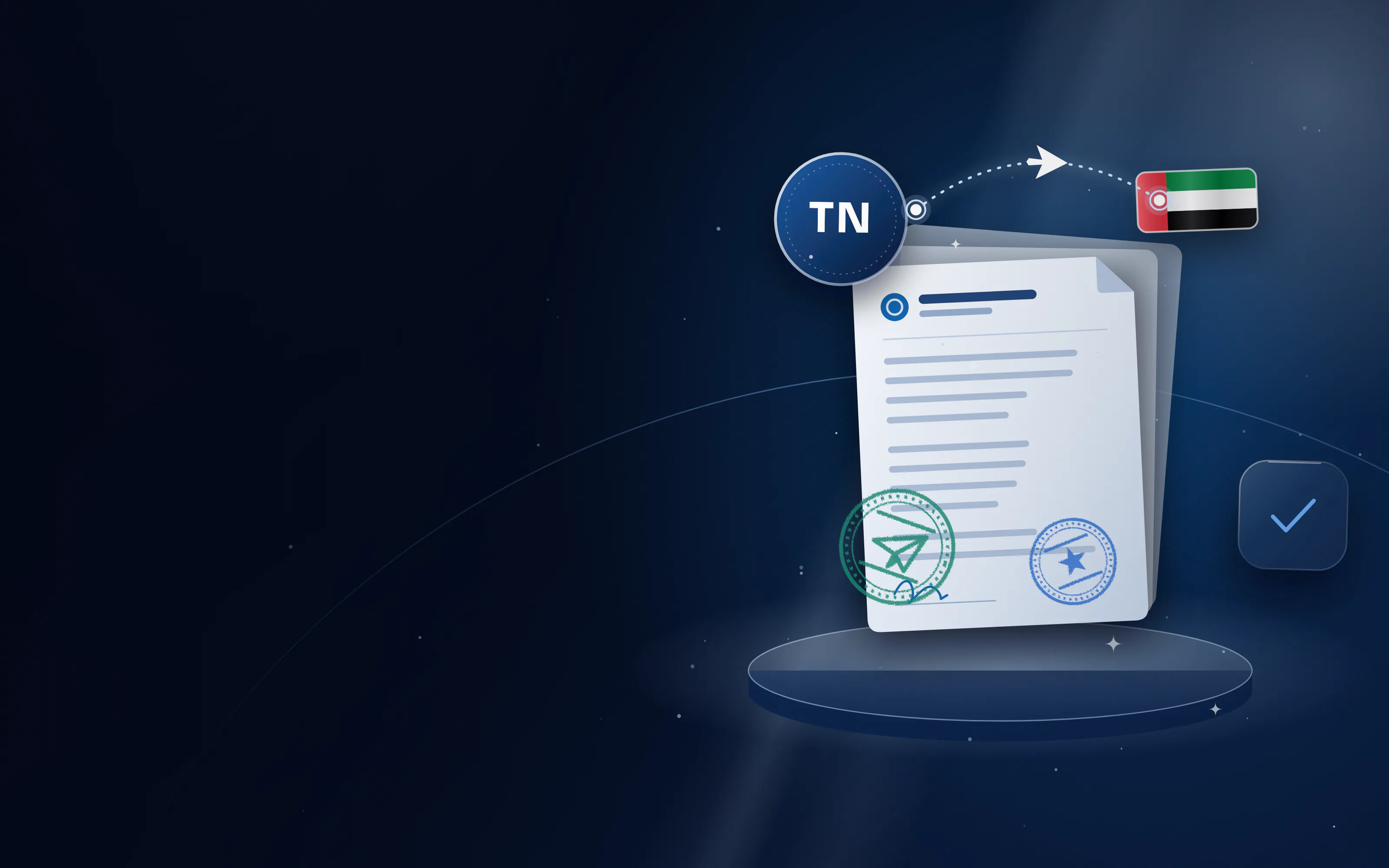Stamped documents with a TN badge for Tunisia, a UAE flag and a flight route between them