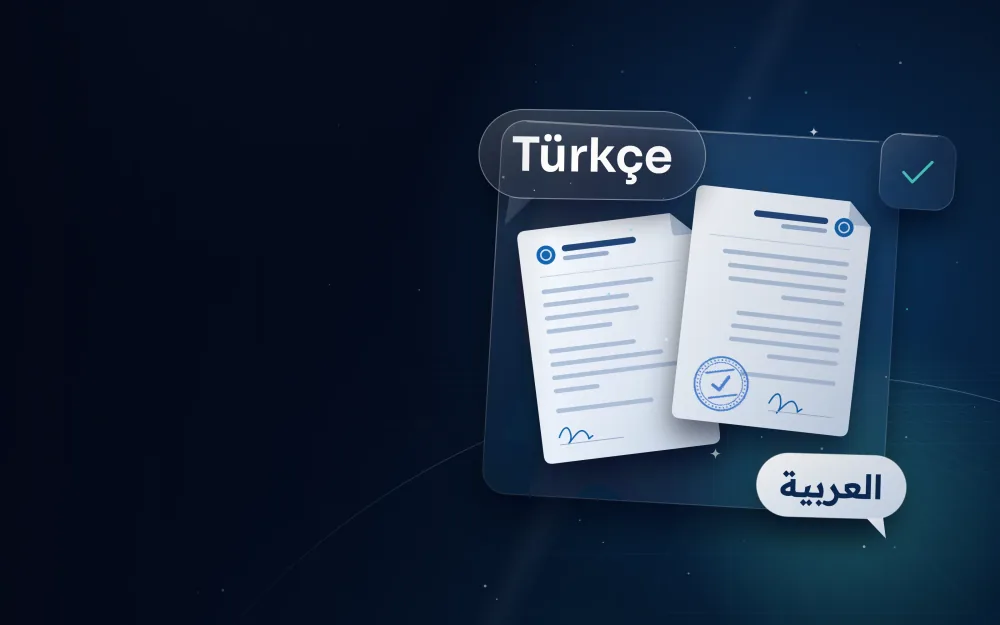Speech bubbles in Turkish and Arabic over a translated legal document with an official stamp