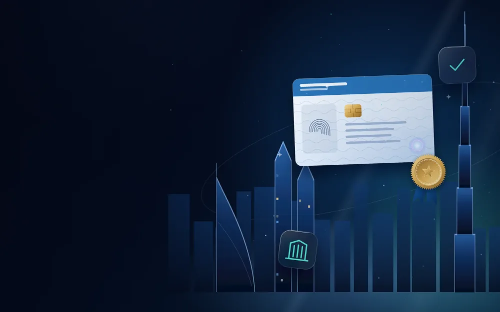 Trade licence card with a gold seal in front of a city skyline