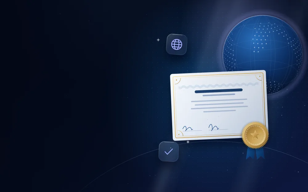 Certificate with a gold apostille seal and ribbon in front of a globe