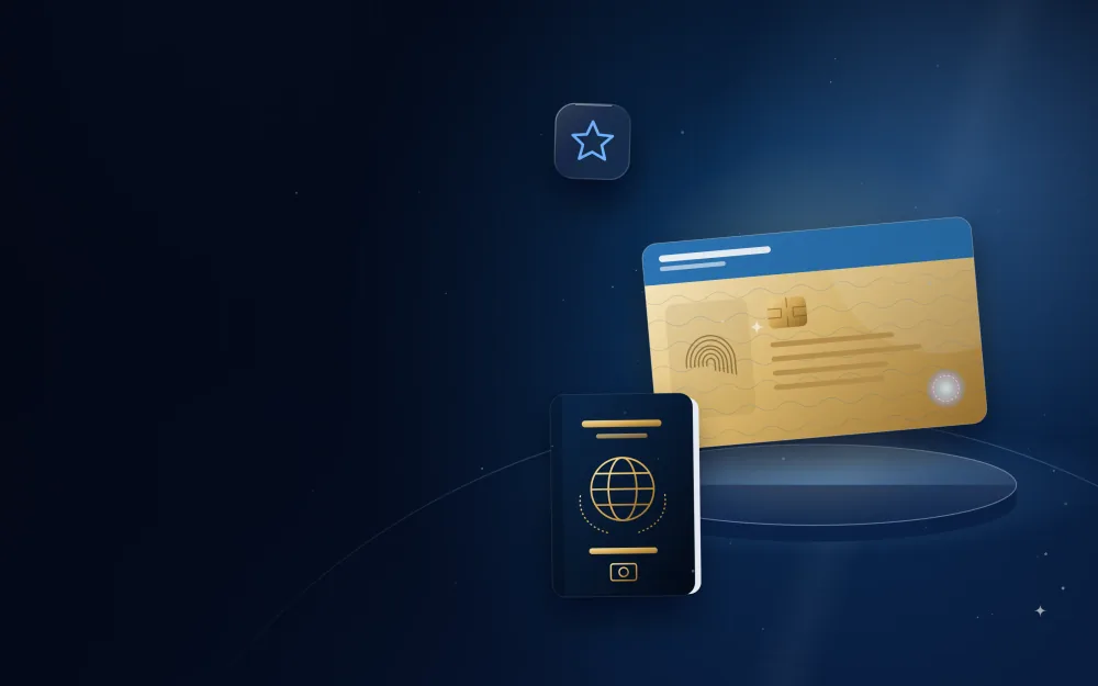 Glowing gold long-term residence card with a passport