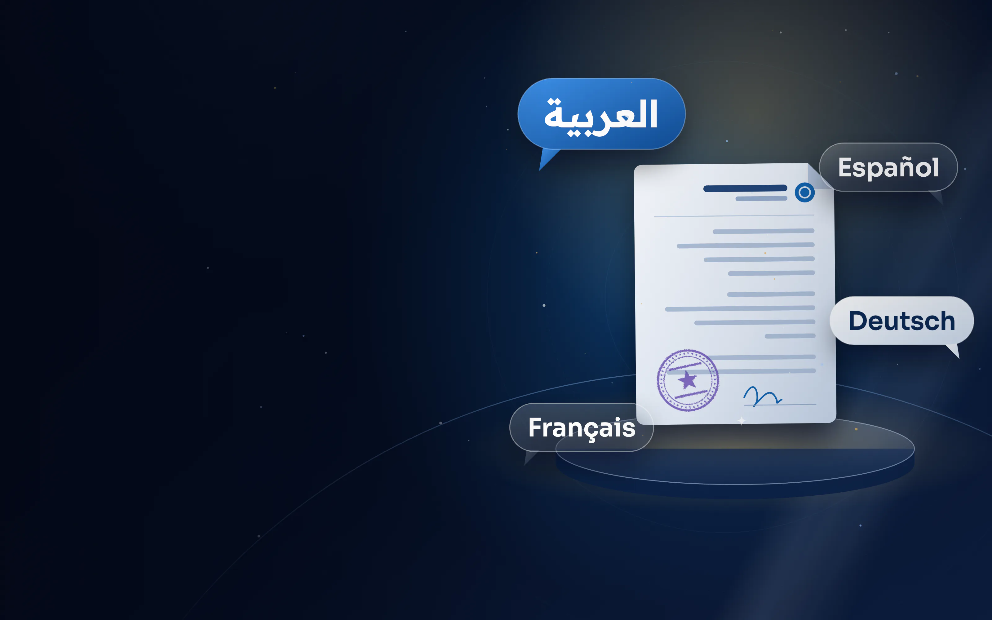 Translated document surrounded by Arabic, Spanish, German, French speech bubbles