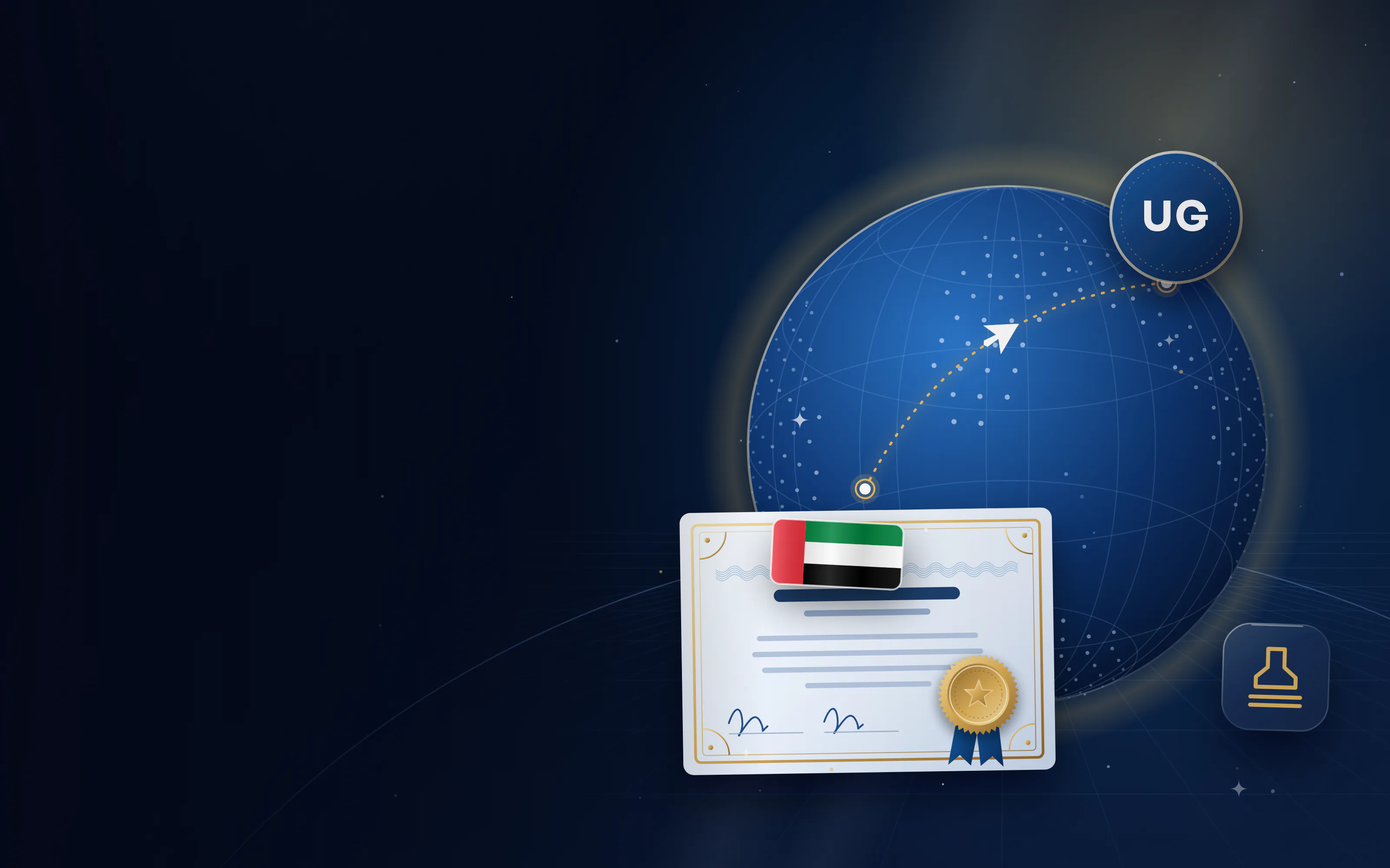 Globe with a route from Uganda to the UAE, a UG badge for Uganda and an attested certificate with a gold seal