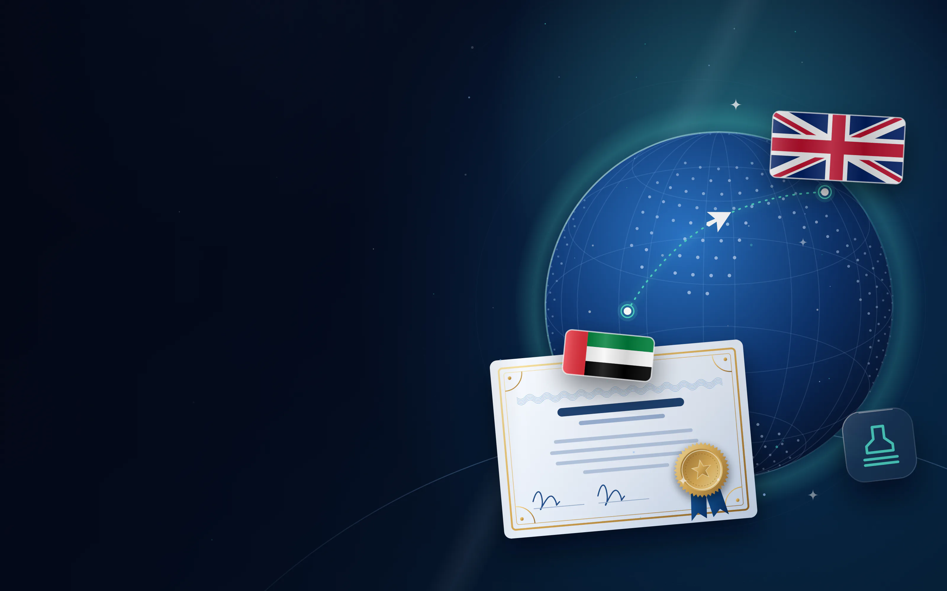 كرة أرضية ومسار من المملكة المتحدة إلى الإمارات، مع علم المملكة المتحدة وشهادة مصدّقة بختم ذهبي