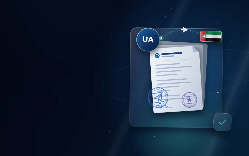 مستندات مختومة مع شارة أوكرانيا وعلم الإمارات ومسار رحلة بينهما
