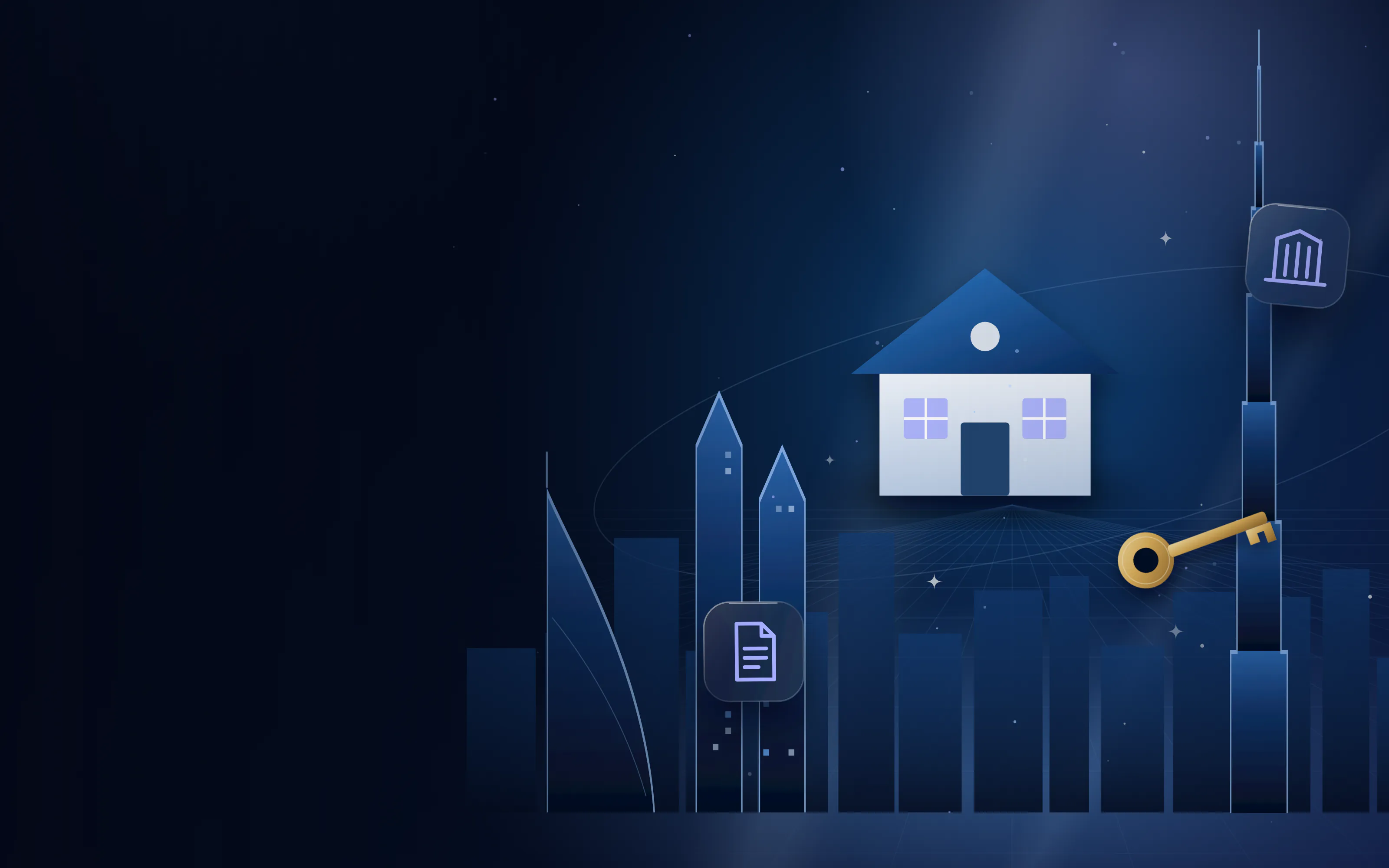 House model with a golden key in front of a city skyline for a real estate company