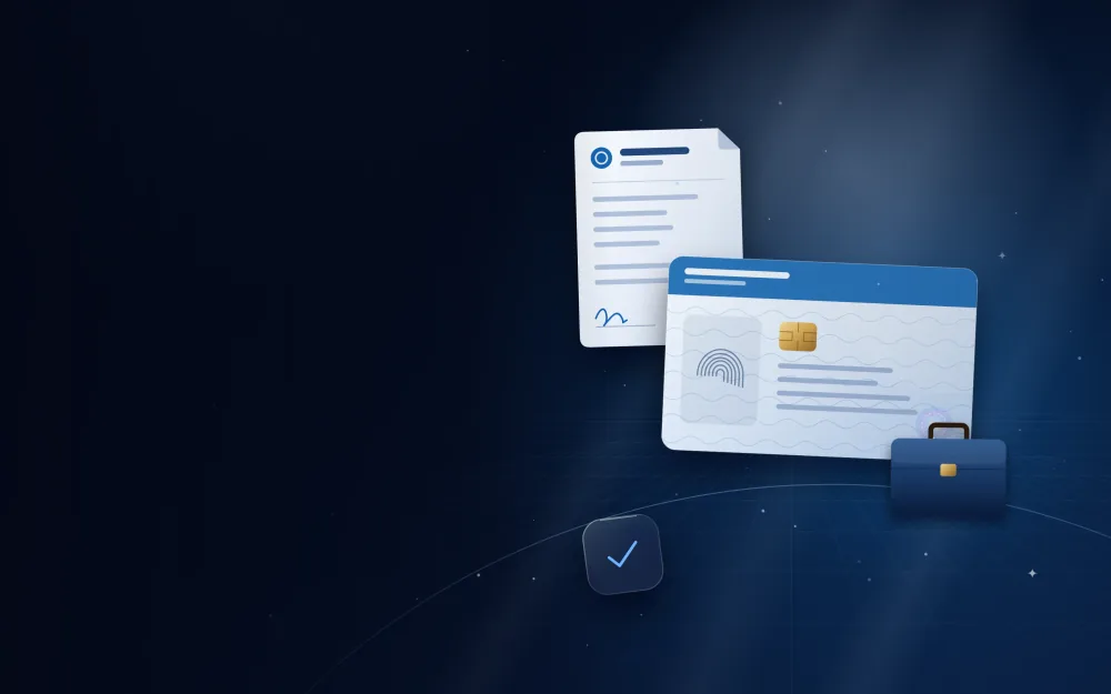 Residence ID card with a work briefcase and an approved employment contract