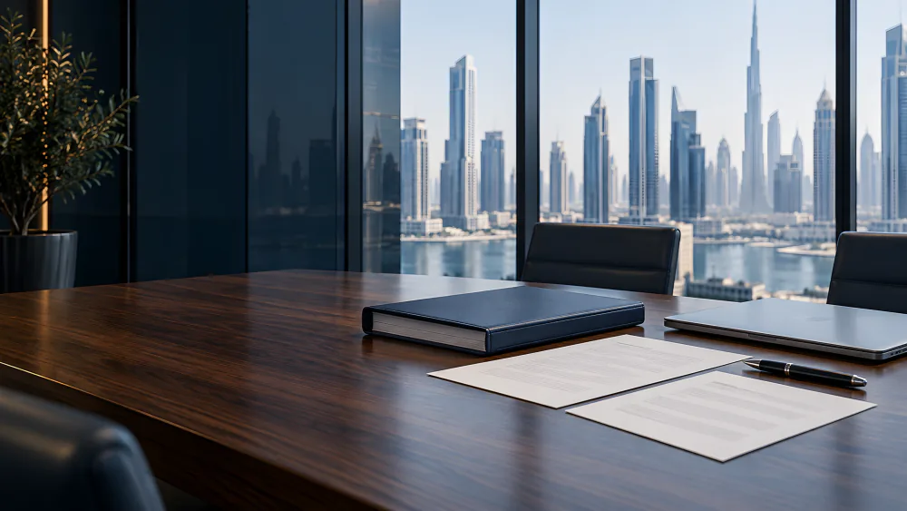 Company documents and a laptop on a meeting-room table