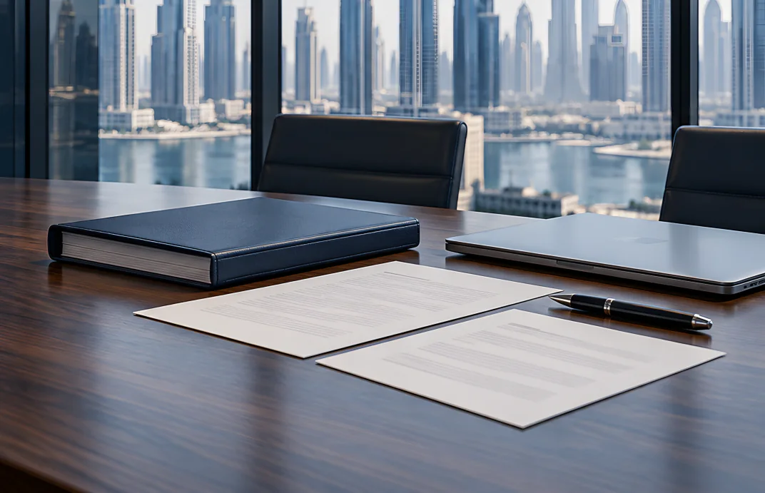 Company documents and a laptop on a meeting-room table