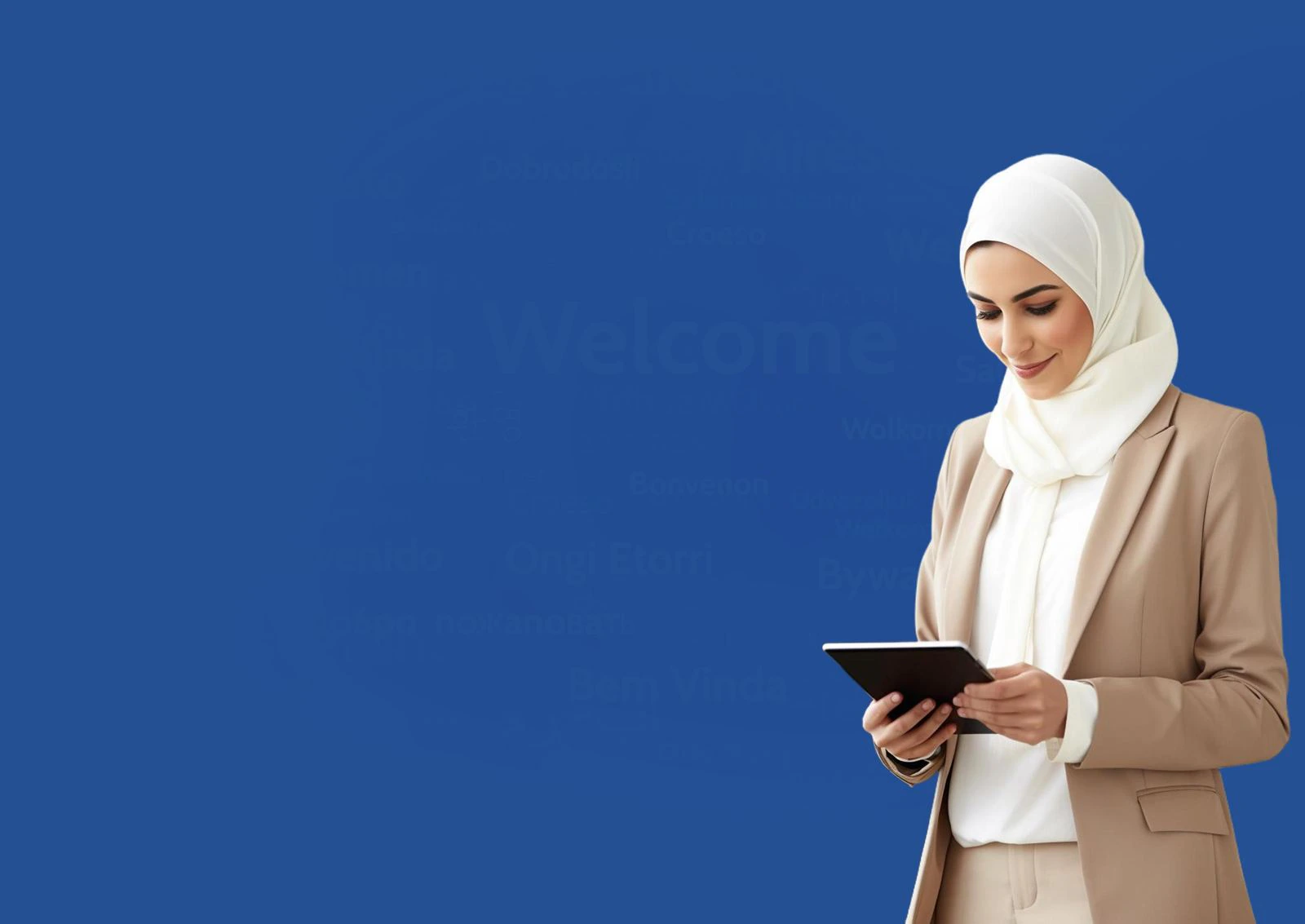Translator reading a document on a tablet
