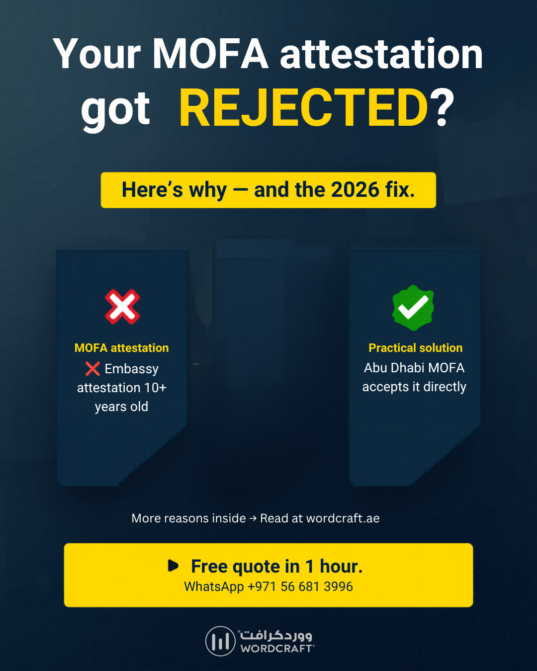 MOFA Attestation UAE 2026 — Your MOFA attestation got rejected? Here is why and the 2026 fix. Embassy attestation 10+ years old → Abu Dhabi MOFA accepts it directly. Wordcraft free quote in 1 hour.